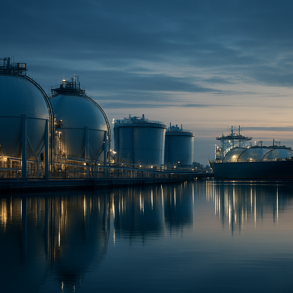 LNG export terminal at dusk with cryogenic storage tanks and a docked LNG carrier